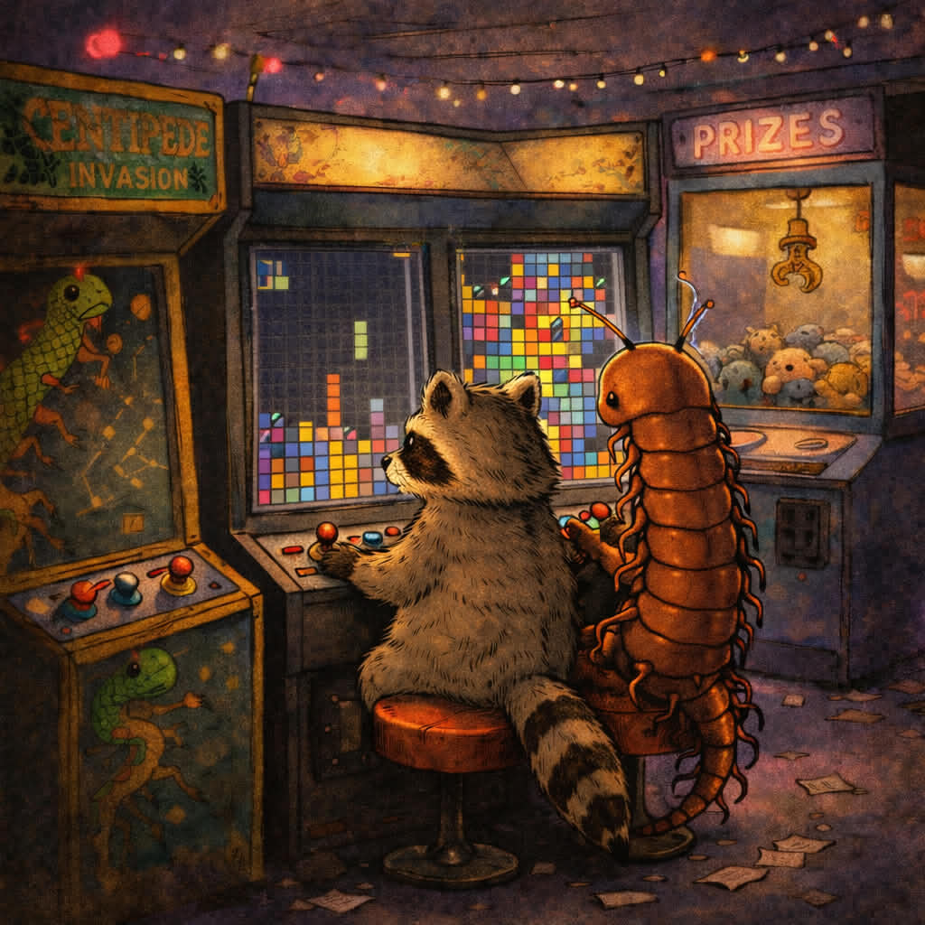 Raccoon and Centipede at the arcade