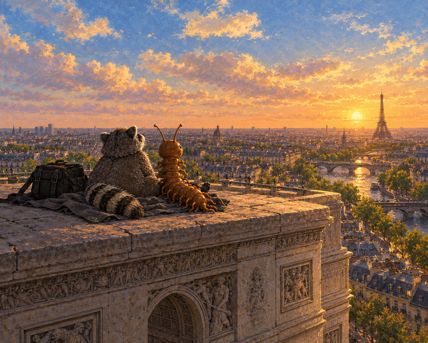 Raccoon and Centipede enjoying the Paris skyline