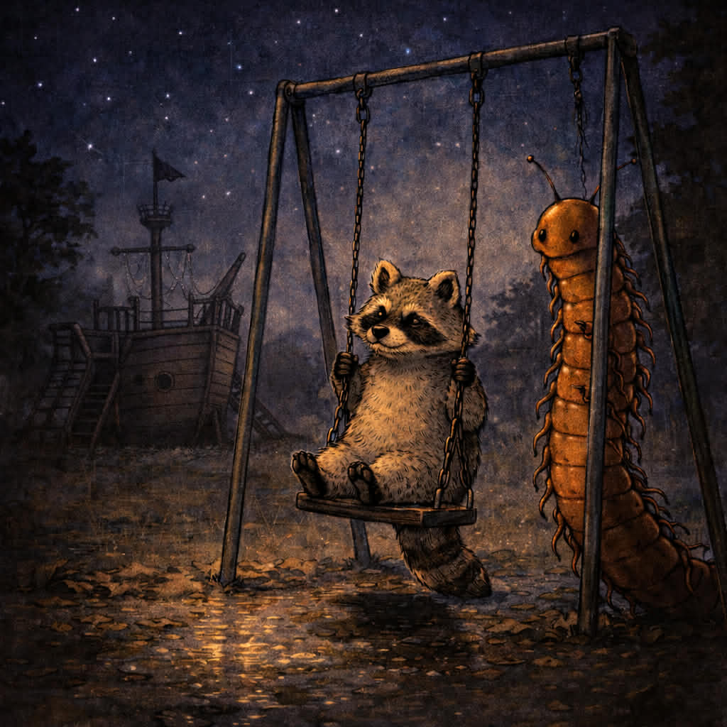 Raccoon and Centipede at the swing park