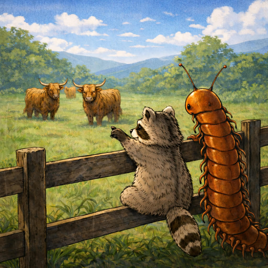 Raccoon and Centipede visiting cows
